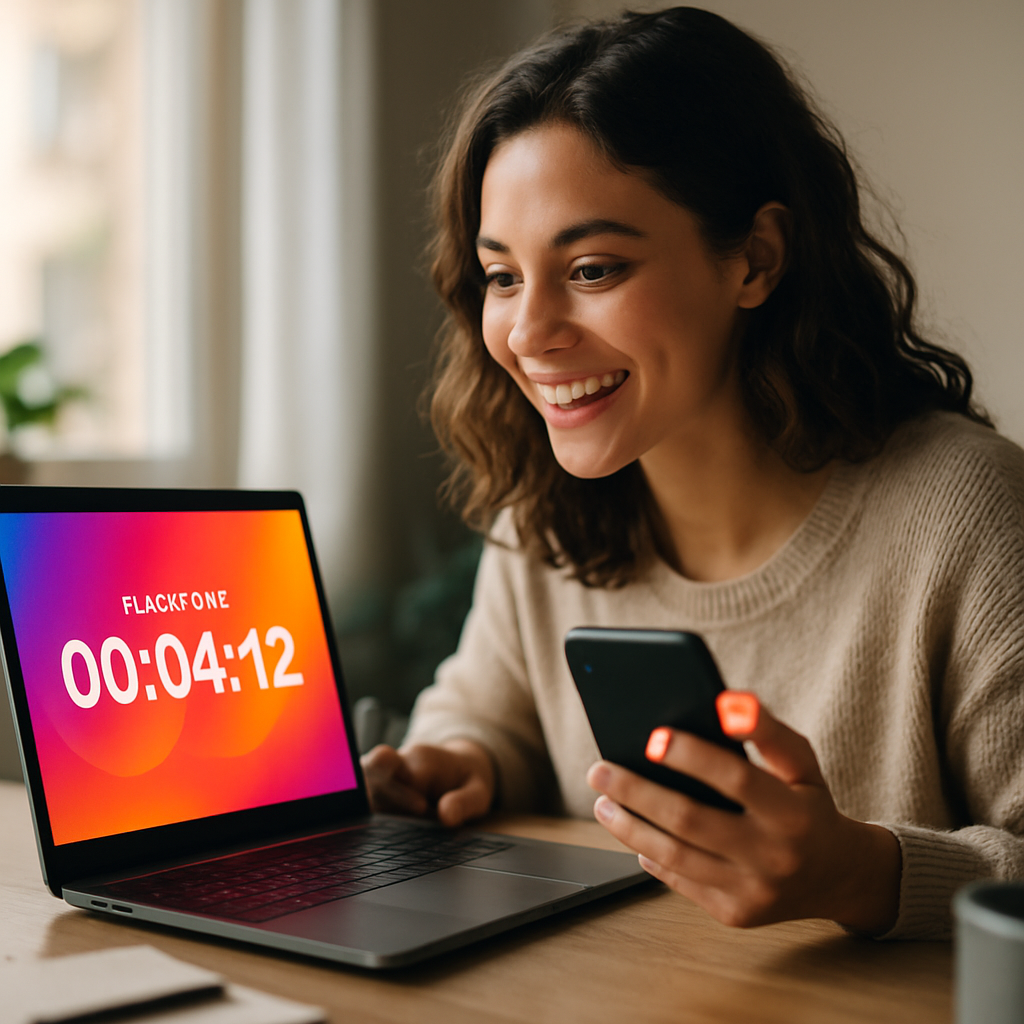 Woman shopping online with countdown timer on screen